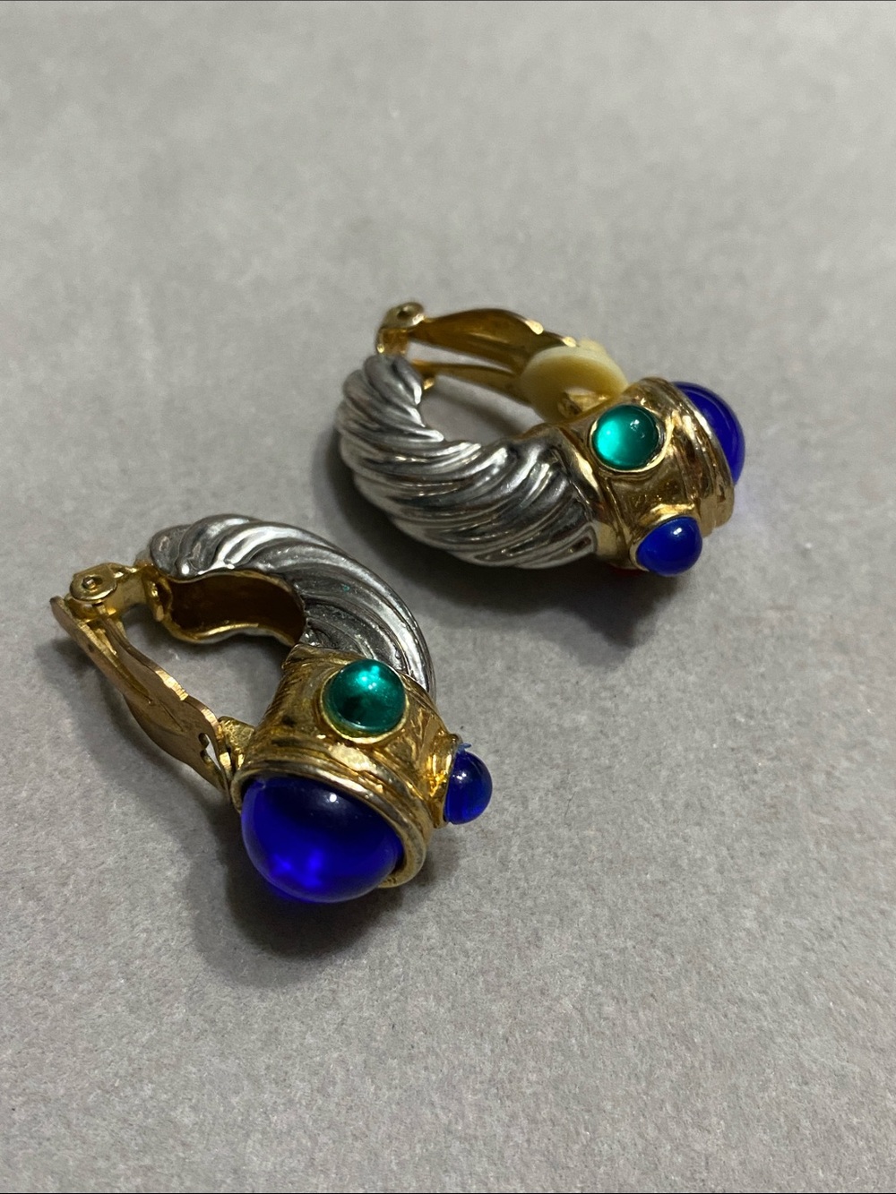 VTG Gold & Silver Hoop Earrings with Cobalt Blue, Red & Teal Cabochons